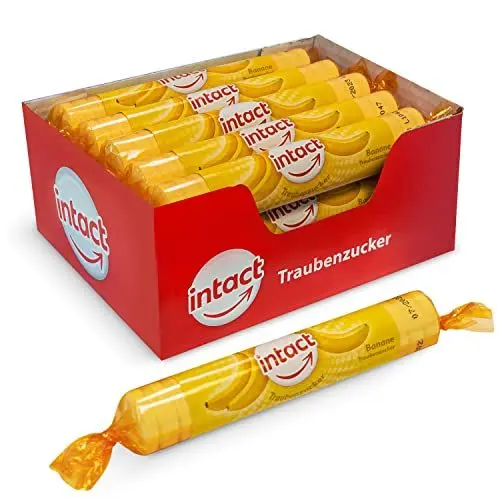 Produktbild: intact Traubenzucker (Banane) Rolle 15 St. • Multipack (15 x 40g) Traubenzucker Bonbons • 100% Vegan