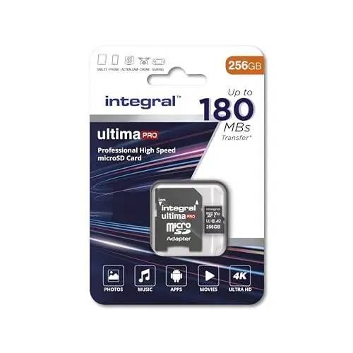 Produktbild: Integral 256 GB Micro SD Karte 4K Video Lesegeschwindigkeit 180 MB/s und Schreibgeschwindigkeit 150 MB/s MicroSDXC A2 C10 U3 UHS-I 150-V30 Unsere schnellste High Speed Micro SD Speicherkarte