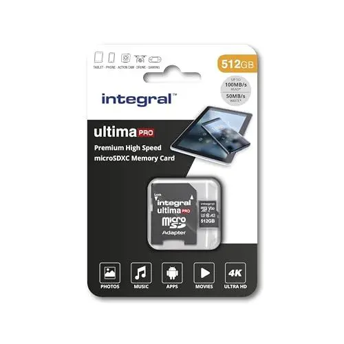 Produktbild: Integral 512GB Micro SD Karte 4K Video Premium High Speed Speicherkarte SDXC bis zu 100MB/s Lesegeschwindigkeit und 50MB/s Schreibgeschwindigkeit V30 C10 U3 UHS-I A1