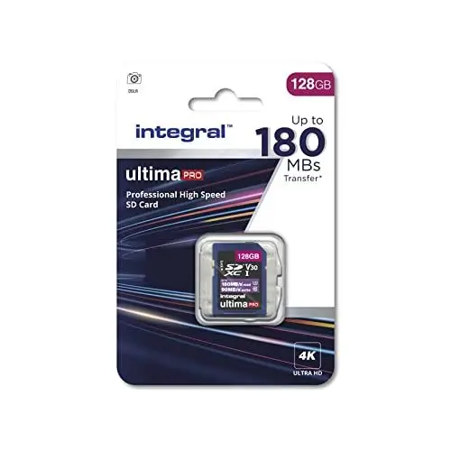 Produktbild: Integral SD Karte 128GB mit 6 Slot SD Kartenhalter Metall - 4K Ultra-HD Video Premium High Speed 180MB/s Lesen und 90MB/s Schreiben - SDHC V30 UHS-I U3 Class 10 SD Speicherkarte