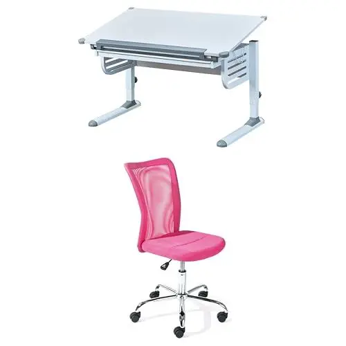 Produktbild: Inter Link Bundle Höhenverstellbarer Schreibtisch – Kinderschreibtisch - Aus Metall Grau/Weiß Kinderschreibtischstuhl - - 360° drehbar - Pink - Bonnie