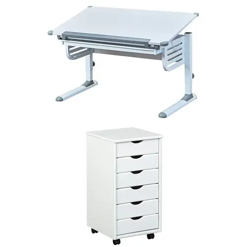 Produktbild: Inter Link Bundle Höhenverstellbarer Schreibtisch – Kinderschreibtisch – Grau/Weiß – Skalare Rollcontainer – 6 Schubladen- Massiv Kieferholz – Weiß - 35 x 40 x 65 cm - Simon