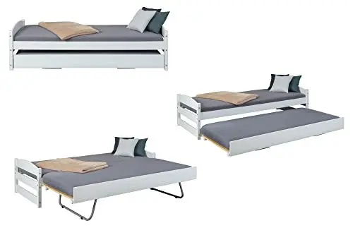 Produktbild: Inter Link – 2 in 1 Bett – Sofabett – 2 Liegeflächen 90 x 200 cm – Gästebett – Kinderbett – Jugendbett – Schlafzimmer – Massivholz – Stabil – Mit 2 Lattenrosten – Weiß - Vindas