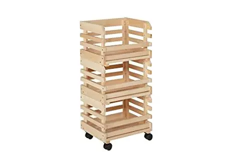Produktbild: Inter Link – 3 Stapelkisten aus Naturholz massiv – Aufbewahrungskiste auf Rollen, Lagerkiste für Obst, Gemüse – Platzsparend, praktisch und vielseitig einsetzbar – 37 x 30 x 80 cm