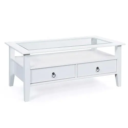 Produktbild: Inter Link - Couchtisch - Massivholztisch - Wohnzimmertisch - Sofatisch - Kiefer Massiv - mit Glasplatte - 2 weiß gebeizten Schubladen - 115 x 60 x 45 cm - Provence 7