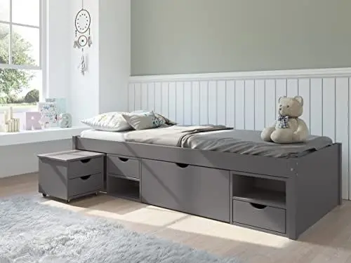 Produktbild: Inter Link - Einzelbett mit Schubladen – 90 x 200 cm – Kojenbett mit Stauraum – Praktisches Jungendbett – Kiefer massivholz – Grau lackiert – Platzsparendes Jugendzimmer Einzelbett – Till 90 x 200cm
