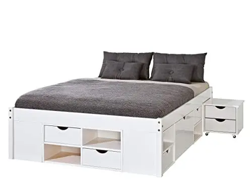 Produktbild: Inter Link - Funktionsbett - Bett mit Schubladen - Doppelbett 140 x 200 cm - 2 Große und 4 kleine Schubladen - Nachtkommode - Kiefer massivholz - Inkl Lattenrost - Weiß lackiert - Till