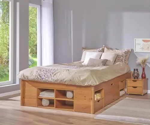 Produktbild: Inter Link - Funktionsbett - Bett mit Schubladen - Doppelbett 180 x 200 cm - 2 Große und 4 kleine Schubladen - Nachtkommode - Kiefer massivholz - Inkl Lattenrost - Braun lackiert - Till