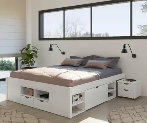 Produktbild: Inter Link - Funktionsbett - Bett mit Schubladen - Doppelbett 180 x 200 cm - 2 Große und 4 kleine Schubladen - Nachtkommode - Kiefer massivholz - Inkl Lattenrost - Weiß lackiert - Till