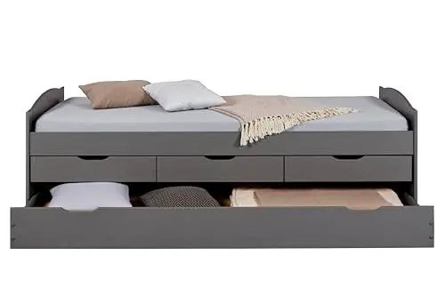 Produktbild: Inter Link - Funktionsbett - Kinderbett - Einzelbett mit Stauraum - Bett mit Schubladen - 2 Liegeflächen 90x200cm - Kiefer massivholz - inkl. Lattenrost - Grau lackiert - Lena 90x200cm
