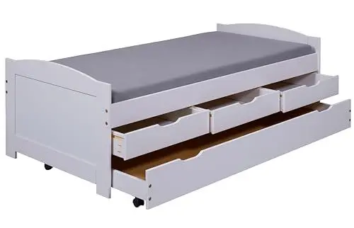 Produktbild: Inter Link - Funktionsbett - Kinderbett - Einzelbett mit Stauraum - Bett mit Schubladen - 2 Liegeflächen 90x200cm - Kiefer massivholz - inkl. Lattenrost - Weiß lackiert - Ulli 90x200cm