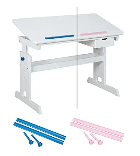 Produktbild: Inter Link – Höhenverstellbarer Schreibtisch – Kinderschreibtisch – Schülerschreibtisch – Neigungsverstellung – Buchhalterung – Massivholz weiß lackiert – Applikationen in Rosa und Blau – Baru