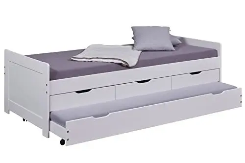 Produktbild: Inter Link - Jungendbett - Kinderbett - Funktionsbett - Tandembett - Schlafsofa - Funktionsbett ausziehbar mit Stauraum - Kiefer massiv - inkl. Lattenrost - Farbe Weiß lackiert - Desert Rain 90x200