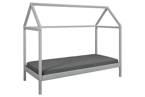 Produktbild: Inter Link – Kinderbett 90 x 200 cm– Hausbett – Jugendbett – aus massivem Kiefernholz – Für Jungen und Mädchen – Grau lackiert – Schadstofffrei – Pflegeleicht – Sun Road 90 x 200 cm