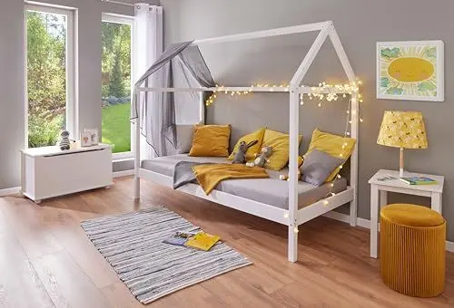 Produktbild: Inter Link – Kinderbett 90 x 200 cm– Hausbett – Jugendbett – aus massivem Kiefernholz – Für Jungen und Mädchen – Weiß lackiert – Schadstofffrei – Pflegeleicht – Sun Road 90 x 200 cm