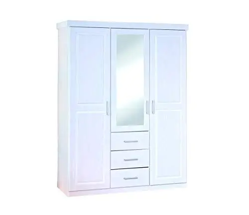 Produktbild: Inter Link - Kleiderschrank - Drehtürenschrank - Spiegelschrank - Garderobenschrank – Schlafzimmerschrank - 3 Türen - 3 Schubladen - Kiefer massiv - Geraldo - Weiß lackiert