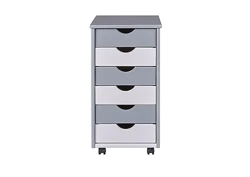 Produktbild: Inter Link – Rollcontainer – Rollcontainer mit 6 Schubladen – Bürocontainer - Rollschrank – Rollwagen – Schubladenkommode - Massiv Kieferholz – Grau/Weiß – BxTxH: 35x39x66 cm