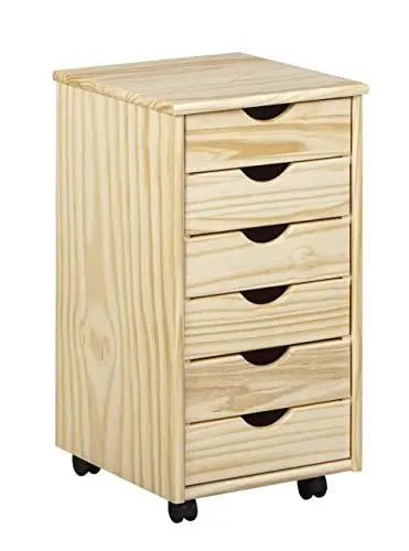 Produktbild: Inter Link – Rollcontainer – Rollcontainer mit 6 Schubladen – Bürocontainer - Rollschrank – Rollwagen – Schubladenkommode - Massiv Kieferholz – Natur Lackiert – BxTxH: 35x39x66 cm – Nils