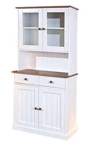Produktbild: Inter Link – Vitrinenschrank – Buffet-Schrank – Esszimmerschrank – Geschirrschrank - Laudhausstil – Massivholz FSC – 4 Türen – 2 Schubladen – Westerland - 5.2, Weiss / Sepia