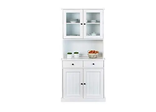 Produktbild: Inter Link – Vitrinenschrank - Buffet Vitrine – Esszimmerschrank – Landhausstil – Vitrine – Standvitrine – Kiefer massivholz – 4 Türen – 2 Schubladen – Westerland 55.1 – Weiß