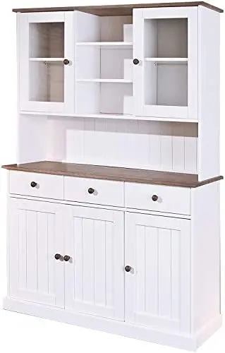 Produktbild: Inter Link - Vitrinenschrank - Küchenschrank - Geschirrschrank - Esszimmerschrank – Vitrine - Landhausstil - Kiefer Massivholz – 5 Türen – 3 Schubladen – Westerland 6.2 – Weiß/Sepia lackiert