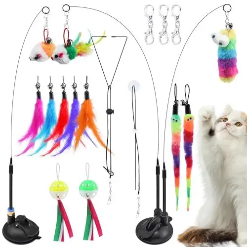 Produktbild: Interaktives Katzenspielzeug Angel mit Feder- 20 STK Katzenspielzeug Selbstbeschäftigung Intelligenz Spielzeug für Katzen,Cat Toys Katzenangel mit Saugnapf Stabil für Kitten Katzen,3 Interaktive Modi