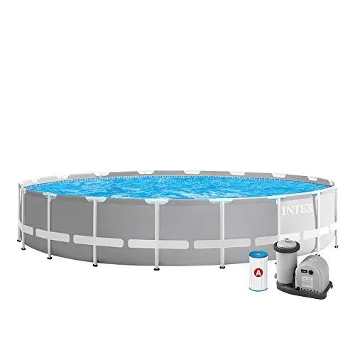 Produktbild: Intex 26732NP – Aufstellpool Prism Frame Rund, Filterpumpe 5678 L/h, Leiter, Bodenplane und Abdeckplane, 24311 L, Stahl und PVC, Grau, 549x122 cm