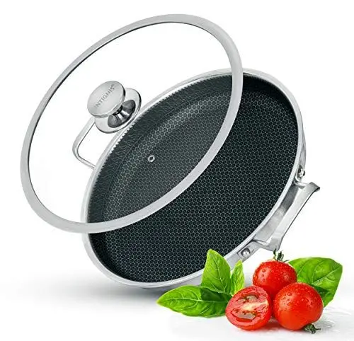 Produktbild: INTIGNIS® Paella-Pfanne oder Bratpfanne mit Deckel – Zum Sautieren, Braten, Grillen – 32 cm Bratpfanne aus Aluminium und Edelstahl – Deutsche GREBLON Antihaft-Schild-Technologie