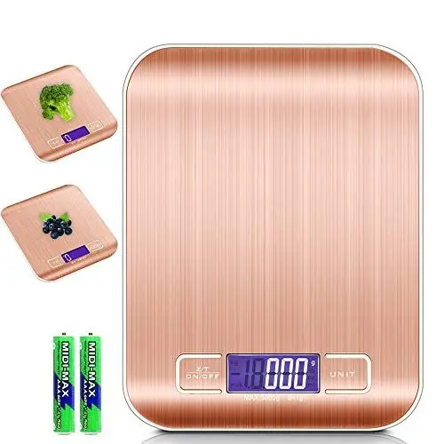 Produktbild: Intirilife Digitale Küchenwaage 5 kg -ROSÉ GOLD- Wiederaufladbar per USB & Batteriebetrieb- Elektronische Waage mit Tara Funktion- Präzise Küchen Digitalwaage mit LCD-Display zum Backen,Kochen, 1g