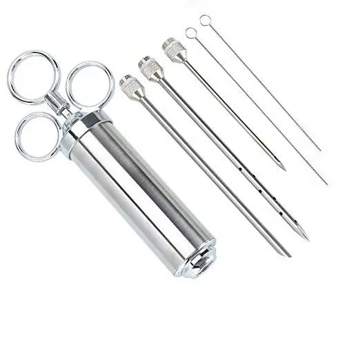 Produktbild: INTIRILIFE Marinierspritze aus Edelstahl Silber - 30 ml Füllmenge - BBQ Bratenspritze mit 3 Nadeln - 3 Spritzen Bürste, Pinsel für Grill Gewürze Marinaden Braten - Fleischspritze für Rind Huhn Gebäck