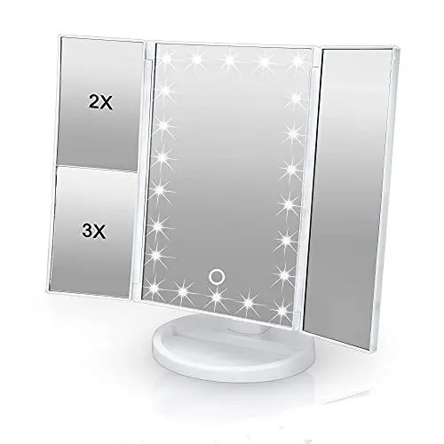Produktbild: Intirilife Schminkspiegel mit 22 LED Beleuchtung und USB Kabel zum Aufladen in Weiß -3 Seiten Kosmetikspiegel- 1X/ 2X/ 3X Vergrößerung- Makeup-Spiegel dimmbar, natürliches Licht- Tischspiegel Klappbar
