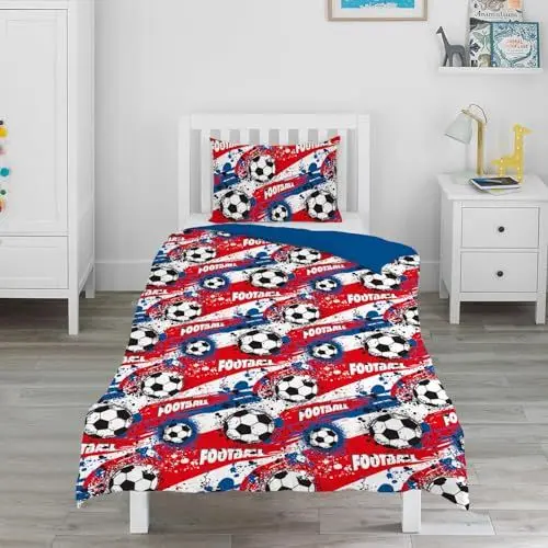 Produktbild: INTOMENG Fußball Bettwäsche Kinderbettwäsche 135x200 Jungen Fussball Bettwäsche Herbst und Winter Teenager Jungen Set 3D FußBall Ultrafeine Faser Bringen Sie Einen 80 X 80cm Kissenbezug Rot Blau Weiß