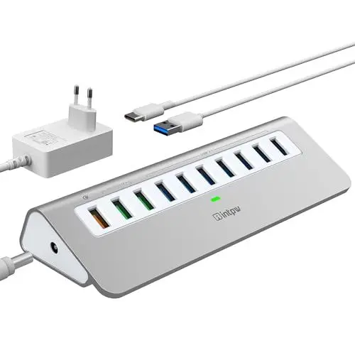 Produktbild: Intpw USB Hub mit Netzteil 10Gbps, 10 Port USB 3.1 Gen 2 Hub mit 7 USB 3.1 Datenanschlüssen, 3 Schnellladeanschlüssen, 36W Netzteil, 3,3ft Typ A und Typ C Kabel, Aluminium USB Hub Aktiv für Mac, PC