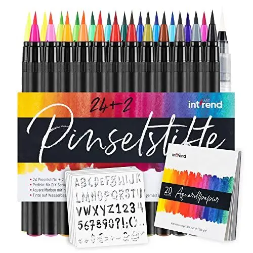 Produktbild: int!rend Brush Pen Set - 24 Aquarellstifte, 2 Wasserpinselstifte, 20 Blätter Aquarellpapier, 5 Schablonen - Handlettering Stifte, Pinselstifte für Bullet Journal, Malen Stifte Set