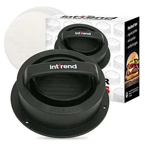 Produktbild: int!rend Burgerpresse Burger Pattie Presse - 3 in 1 + 60 Backpapiere - Hamburgerpresse - Patty Presse - Burger Smasher für Hamburger - Burger Presse Set - Patty Maker