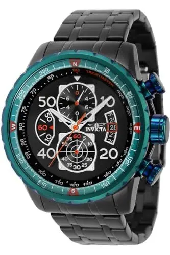 Produktbild: Invicta Aviator 40701 Herren Uhr - Wasserdicht - Analog - Quarzuhrwerk - Edelstahl mit schwarzen zifferblat - 48mm