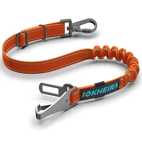 Produktbild: IOKHEIRA Hunde Sicherheitsgurt für Auto, Hundegurt fürs Auto Sicherheitsgeschirr Einstellbarer mit Universalstecker & Befestigung der Verriegelungsstange (Orange)