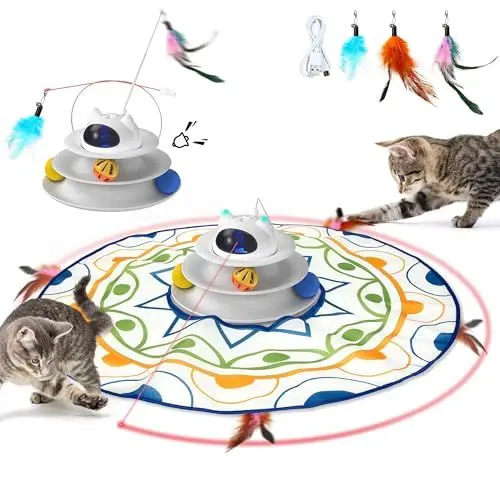 Produktbild: IOKHEIRA Katzenspielzeug Elektrisch, 4 in 1 Interaktives Katzenspielzeug, Intelligenzspielzeug für Katzen, USB-Aufladbares, Touch-Aktivierung, Katzen-Versteckspiel