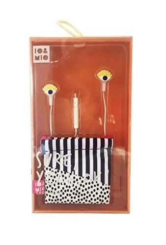 Produktbild: IO&MIO In-Ear Kopfhörer der Marke Mikrophon, Streo Sound und 3.5mm Jack mit Kabel. Mit Beutelchen mit gestreiften und getupften Muster in blau, weiß und schwarz.