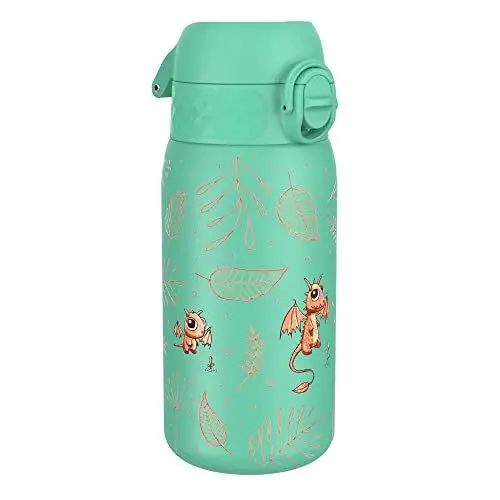 Produktbild: ION8 Kinder Trinkflasche, Edelstahl Leicht 400ml, Nicht Isoliert, Auslaufsicher, Einhandöffnung, Sichere Verriegelung, Spülmaschinenfest, Klappdeckel, Leicht zu Reinigen, Ei Zum Drachen