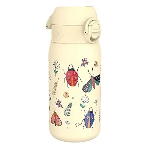 Produktbild: ion8 Kinder Trinkflasche Edelstahl Leicht 400ml Nicht Isoliert Auslaufsicher Einhandöffnung Sichere Verriegelung Spülmaschinenfest Klappdeckel Leicht zu Reinigen, Insektenleben