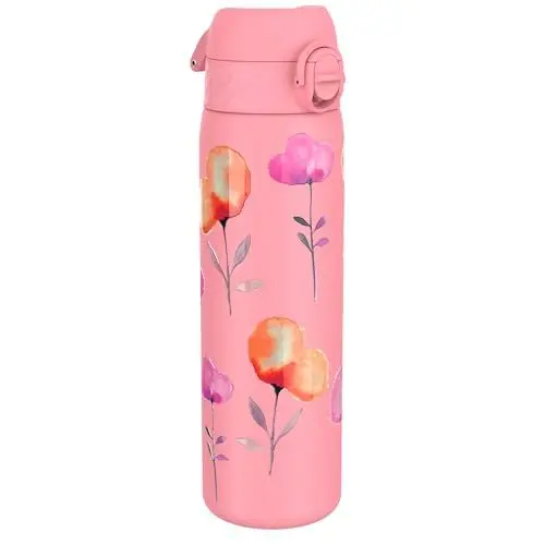 Produktbild: ION8 Leicht Stahl-Trinkflasche, 600 ml, Nicht IsoliertAuslaufsicher, Einhandöffnung, Sichere Verriegelung, Spülmaschinenfest, Klappdeckel, Tragegriff, Leicht zu Reinigen, Blume-Design