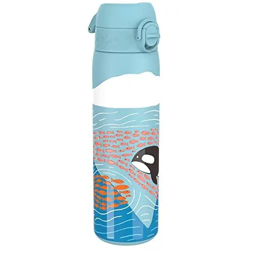 Produktbild: ION8 Leicht Stahl-Trinkflasche, 600 ml, Nicht IsoliertAuslaufsicher, Einhandöffnung, Sichere Verriegelung, Spülmaschinenfest, Klappdeckel, Tragegriff, Leicht zu Reinigen, Großer Wal-Design