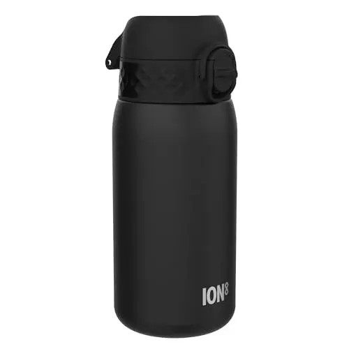 Produktbild: ION8 Isolierte Edelstahl-Trinkflasche, 320 ml, Auslaufsicher, Einhandöffnung, Sichere Verriegelung, Spülmaschinenfest, Klappdeckel, Tragegriff, Leicht zu Reinigen, Langlebig & Kratzfest, Schwarz