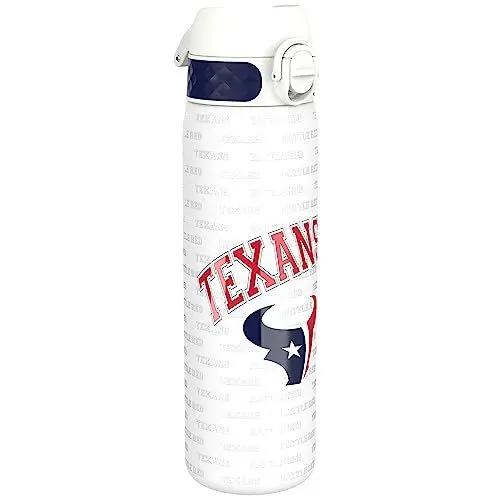 Produktbild: ION8 Leicht Stahl-Trinkflasche, 600 ml, Nicht IsoliertAuslaufsicher, Einhandöffnung, Sichere Verriegelung, Spülmaschinenfest, Klappdeckel, Tragegriff, Leicht zu Reinigen, NFL Texans-Design