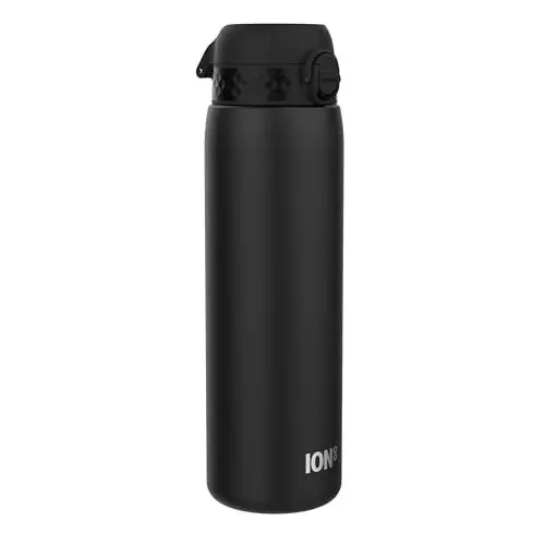 Produktbild: Ion8 Vakuumisolierte Edelstahl-Trinkflasche, 1 Liter, 920 ml, Auslaufsicher, Einhandöffnung, Sichere Verriegelung, Spülmaschinenfest, Tragegriff, Langlebig, Ideal für Sport und Yoga, Schwarz