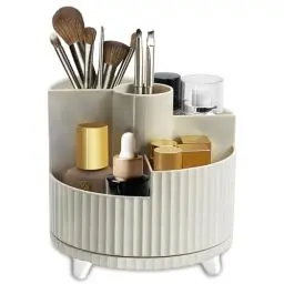 Produktbild: IOUGDSEC 360 ° drehbarer Make-up Organizer Pinselhalter, Milchig Weiß Kosmetik Organizer mit 5 Fächern, Multifunktionale Hautpflege-Aufbewahrung Parfüm Schmuckkästchen für Kommode Badezimmer