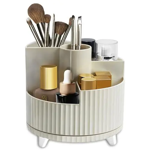 Produktbild: IOUGDSEC 360 ° drehbarer Make-up Organizer Pinselhalter, Milchig Weiß Kosmetik Organizer mit 5 Fächern, Multifunktionale Hautpflege-Aufbewahrung Parfüm Schmuckkästchen für Kommode Badezimmer