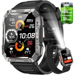 Produktbild: IOWODO Militär Smartwatch Herren,100 Tage Akku, LED Taschenlampe, Bluetooth-Anrufe, Fitness-Tracker,100+ Sportmodi, Herzfrequenz-&SPO₂-Monitor, IP68 Wasserdicht, Schlafüberwachung