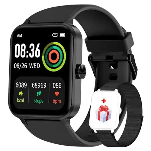 Produktbild: IOWODO Smartwatch Damen Herren 1,85 Zoll Uhren Fitness Tracker Uhr mit Schrittzähler Sportuhr Herzfrequenz Blutsauerstoff Schlafmonitor Wasserdicht Schwarz Fitnessuhr Smart Watch für iOS Android